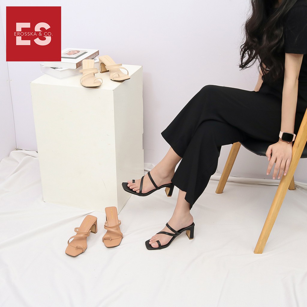 Giày cao gót nữ Erosska phối dây mãnh kiểu dáng xỏ ngón cao 6cm màu đen _ EB023