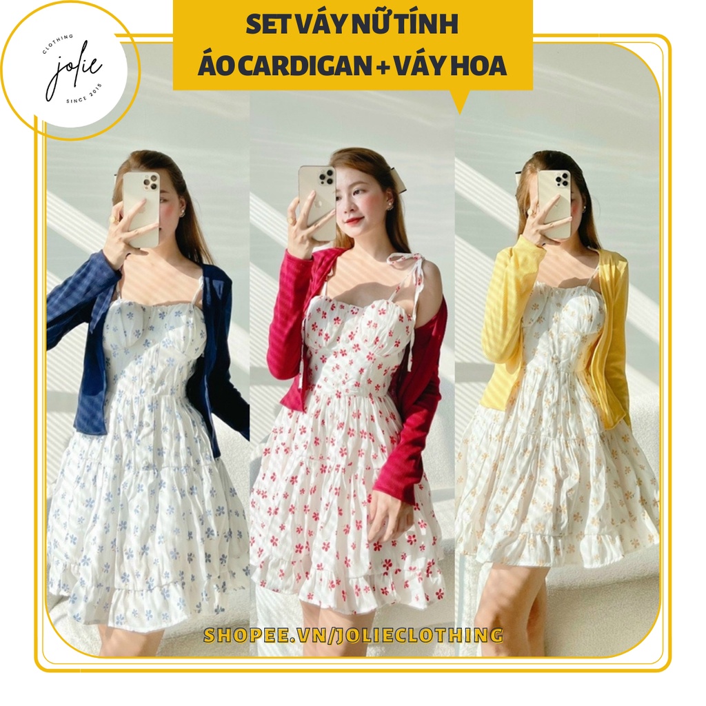Set váy đầm hoa nhí hai dây dáng xòe kèm áo khoác cardigan, ba màu vàng, xanh, đỏ