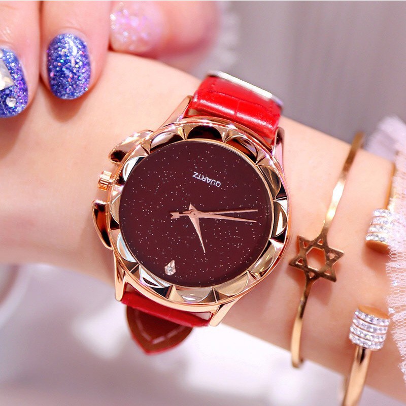 [Mã FAMARAL2 giảm 10K đơn 50K]ĐỒNG HỒ NỮ DÂY DA HAZO 18 MẶT ĐÁ BÔNG HOA KIM CƯƠNG MẶT KIM TUYẾN