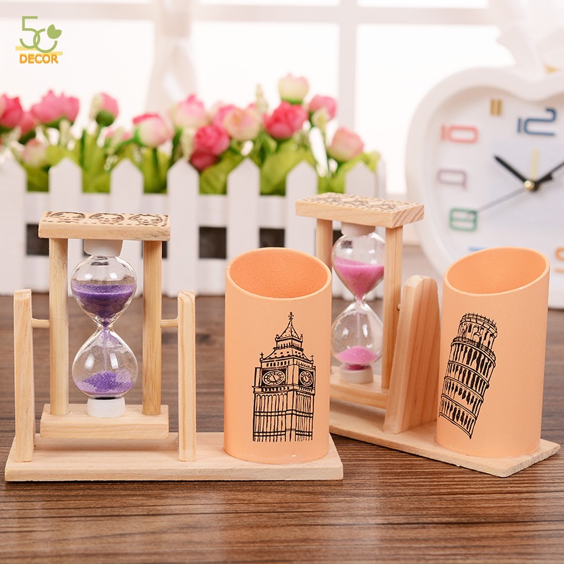 Ống đựng bút nhựa kèm đồng hồ cát, ống cắm bút trang trí bàn, decor văn phòng, bàn học, quà tặng, quà lưu niệm độc đáo