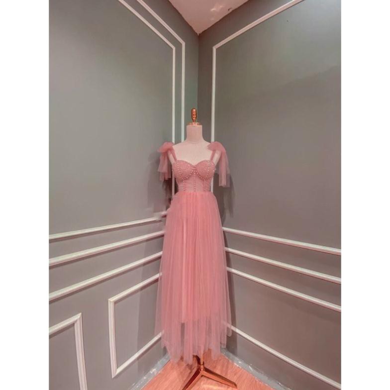 Đầm xoè 2 dây cột nơ ngực kết đá pha lê dày sang trọng - size M/L ( có ảnh/video thật) MS278V
