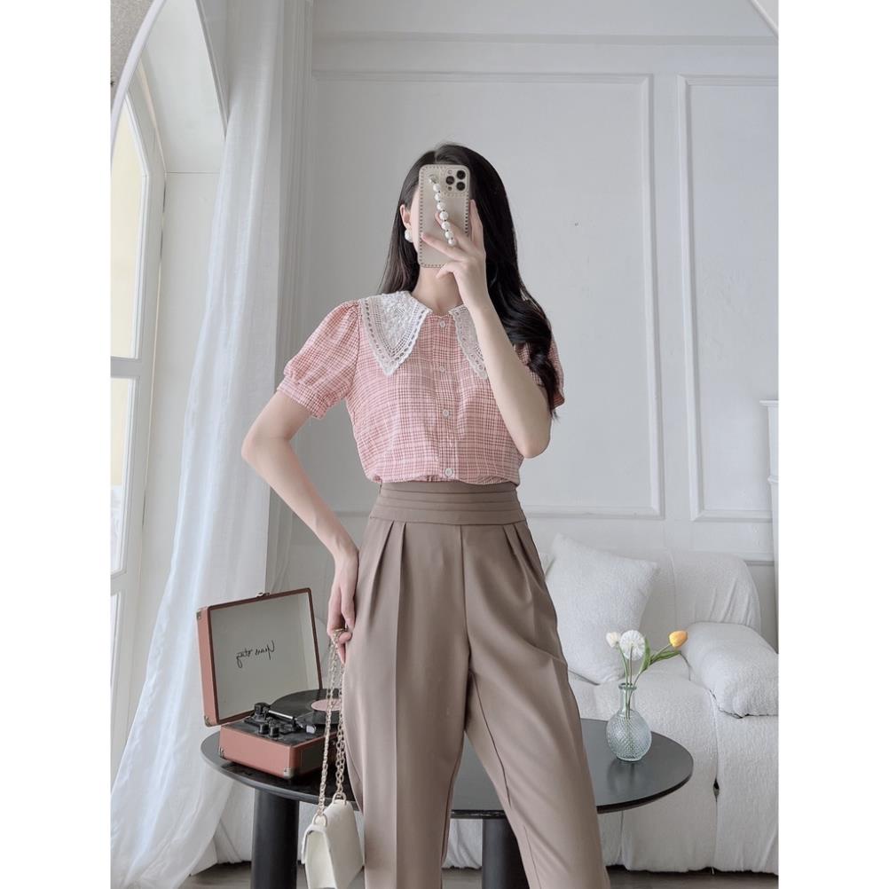 Áo sơ mi công sở cổ đức gắn cúc ngọc kẻ caro ngắn tay thiết kế Eva Lover