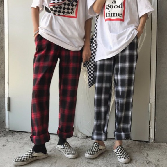 Quần Dài Ca Rô Ca Rô Phong Cách retro Với 4 Màu Tùy Chọn