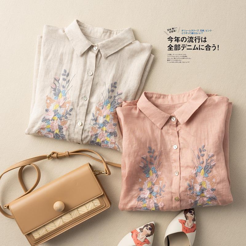 Áo Sơ Mi Cotton Lanh Tay Lửng Thêu Họa Tiết Dân Tộc Phong Cách Retro Mẫu Mới 2022 M-4xl Dành Cho Nữ