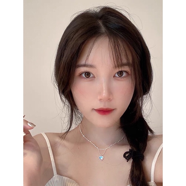 Dây Chuyền Bạc Nữ Trái Tim Đá Xanh Dây Bi Bạc Ý 925 Cao Cấp, Dây Chuyền Tim Đá Moonstone Nhân Tạo 2 Dây Kép