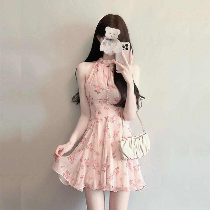 The store is on holiday please chat with customer service! Phrongmingyue Songjian Đầm Cổ Yếm Dáng Ôm In Họa Tiết Khí Quyển Ngọt Ngào Xinh Xắn Cho Nữ