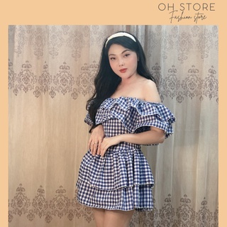 Đầm trễ vai caro xanh dáng xoè OH STORE
