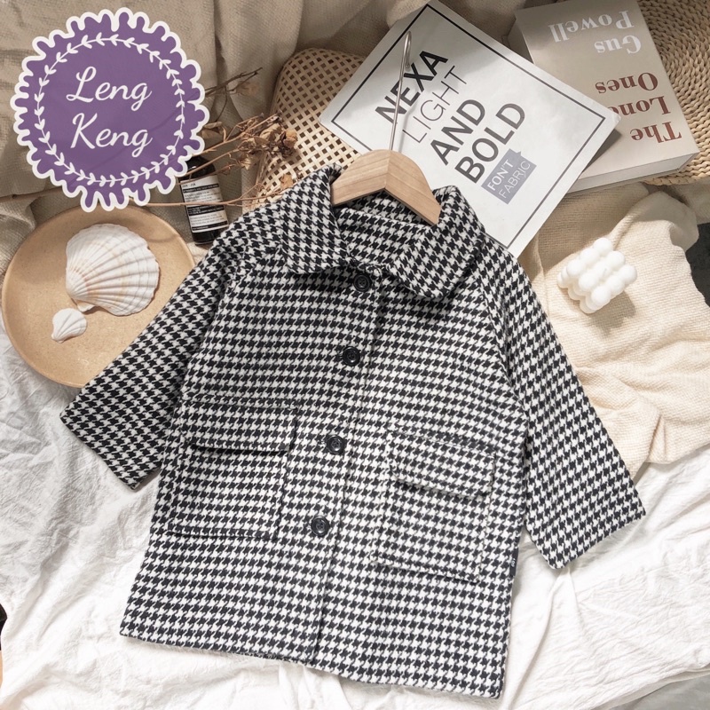 Áo khoác dạ Tweed kẻ đen trắng classic cho bé trai bé gái