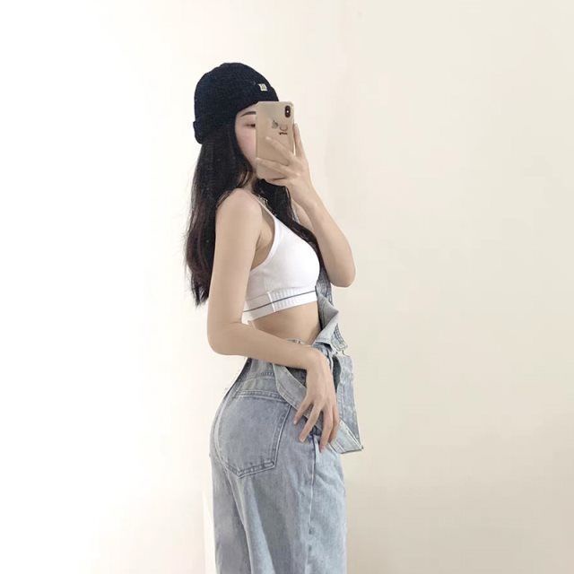 Phong cách mới!F &amp; X Quần Yếm Jean Dáng Rộng Rách Gối Phong Cách Thời Trang Mới Dễ Phối Đồ