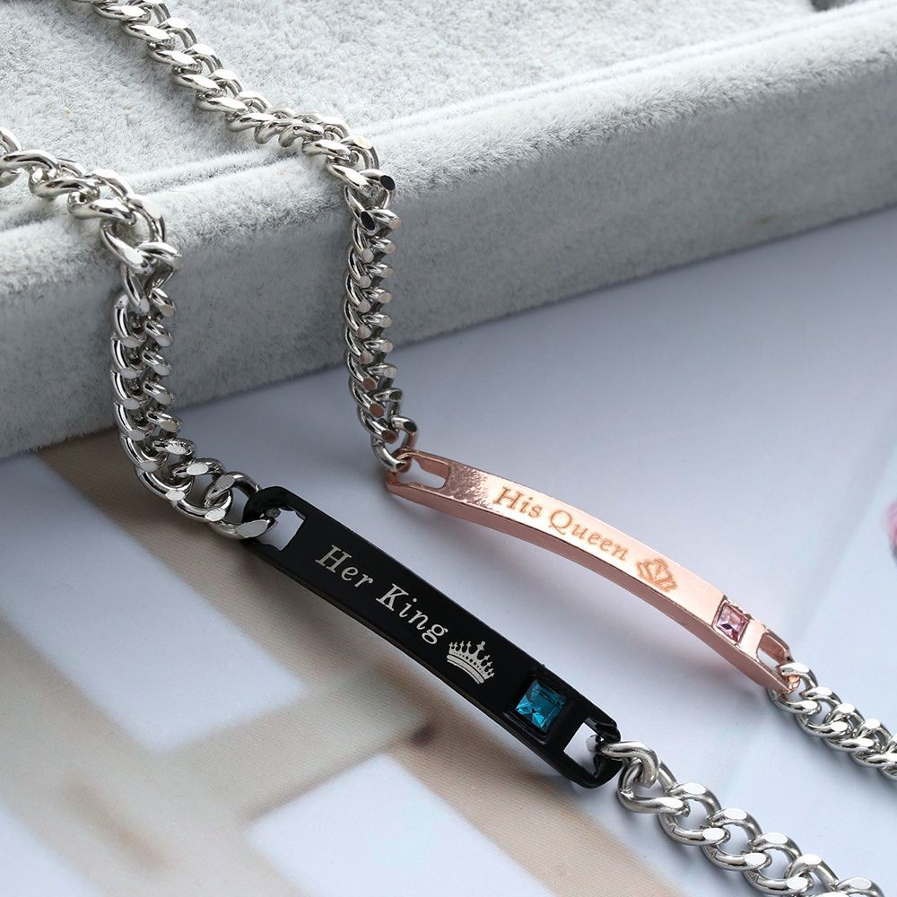 Vòng đeo tay thép không gỉ họa tiết chữ Her King/ His Queen thời trang dành cho cặp đôi