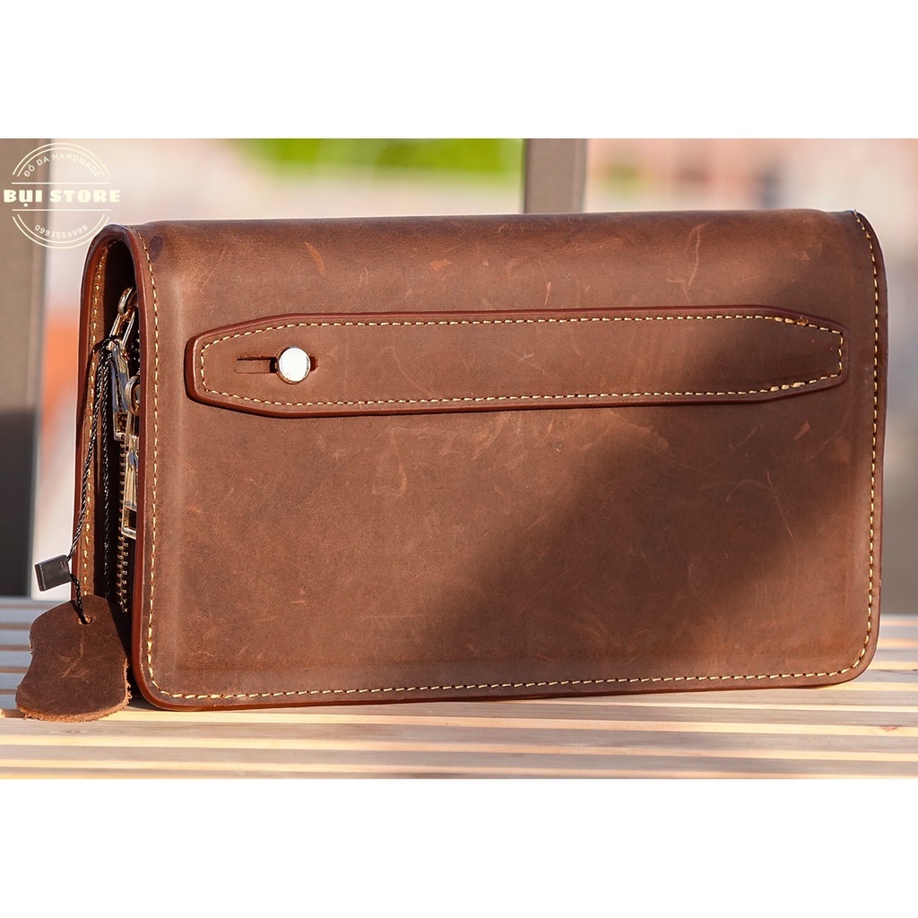 Clutch cầm tay, Ví da cầm tay da bò sáp 100% da thật Handmade khâu tay