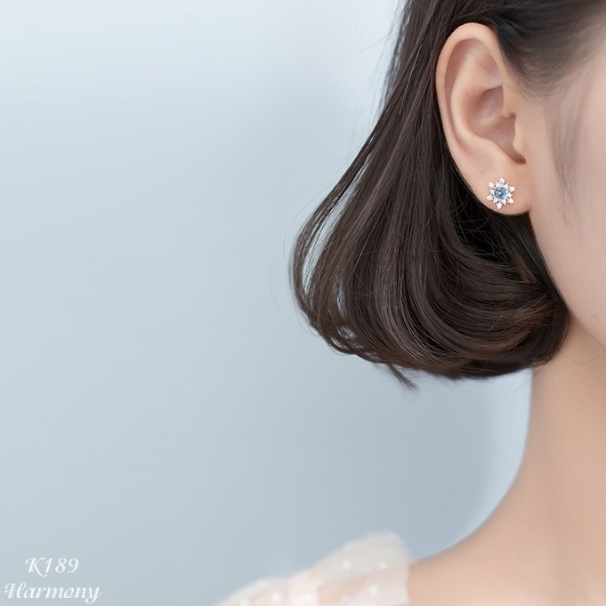 Khuyên tai nữ bạc mặt bông tuyết đá xanh màu xi bạch kim xinh xắn, sang chảnh | HARMONY ACCESSORIES K189