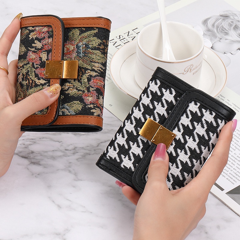 KAITIFEI Ví ngắn nhỏ gọn cầm tay mini gập đẹp da nhiều ngăn bỏ túi ví đựng tiền xu thời trang Houndstooth cho nữ
