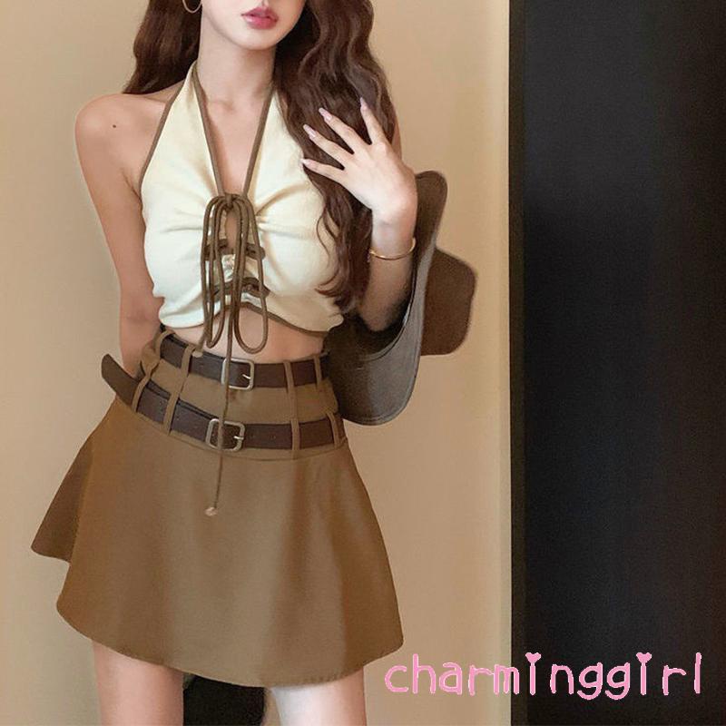 Áo Croptop Cổ Chữ V Màu Sắc Tương Phản Hở Lưng Quyến Rũ Dành Cho Nữ