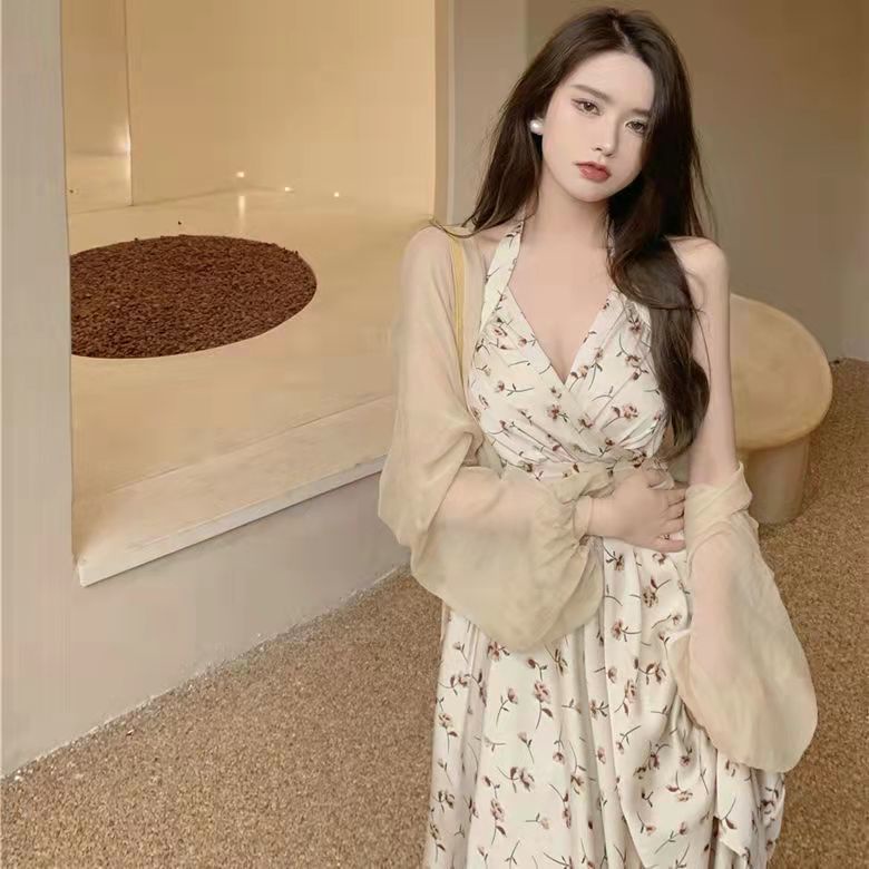 Đầm 2 dây hoa nhí dài bigsize nữ váy đi biển sexy cổ yếm hở lưng cổ chữ V