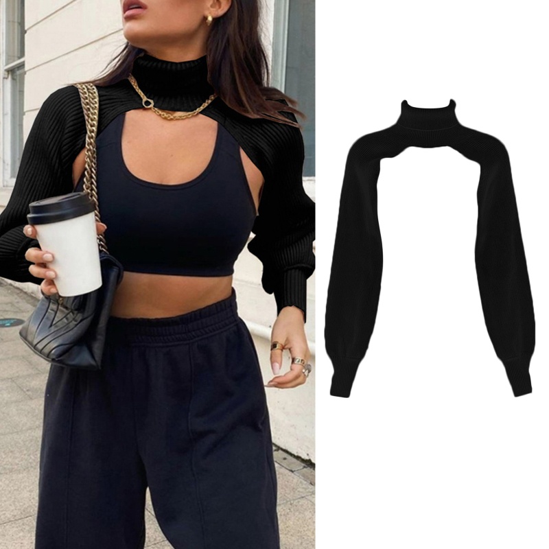 Áo Sweater Croptop Dệt Kim Tay Phồng Dài Cổ Lọ Màu Sắc Đơn Giản Cho Nữ
