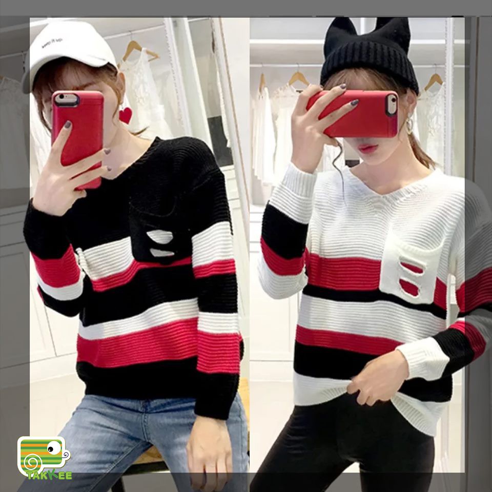 ÁO THU ĐÔNG ÁO LEN THỜI TRANG NỮ HỌA TIẾT KẺ NGANG PHONG CÁCH HÀN QUỐC