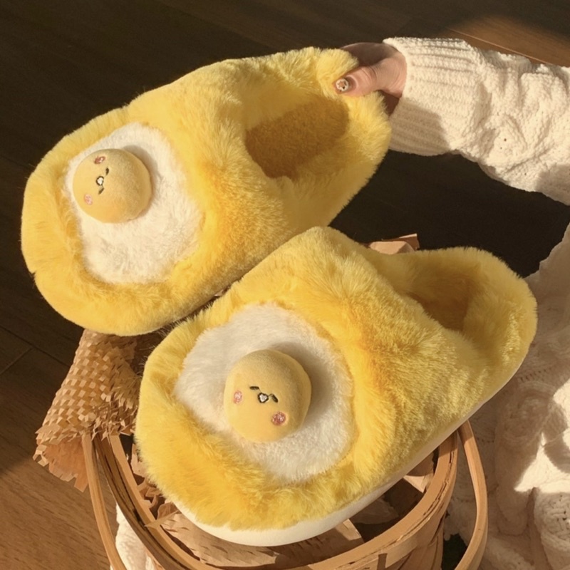 Dép đi trong nhà Trứng rán cần mỡ màu vàng dép bông lông mềm mại chống trơn trượt nam nữ