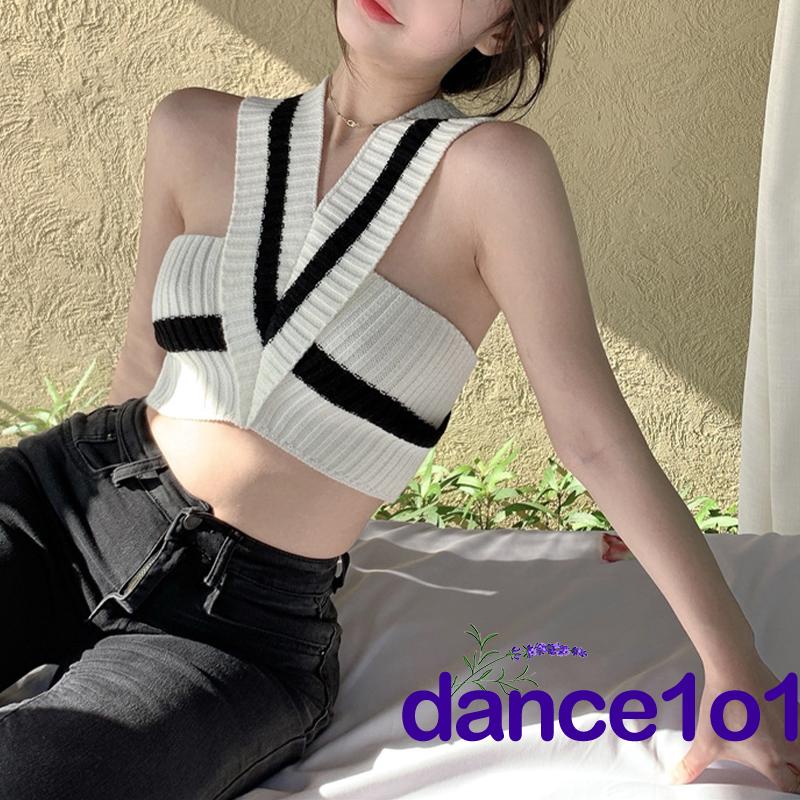 ★Cd☏Áo Dệt Kim Sát Nách Cổ Chữ V Màu Sắc Tương Phản Thời Trang Mùa Hè Cho Nữ