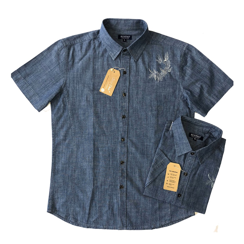 Áo Sơ Mi Jeans Thêu Hoa Văn Boypro Cao Cấp BP037 Xanh