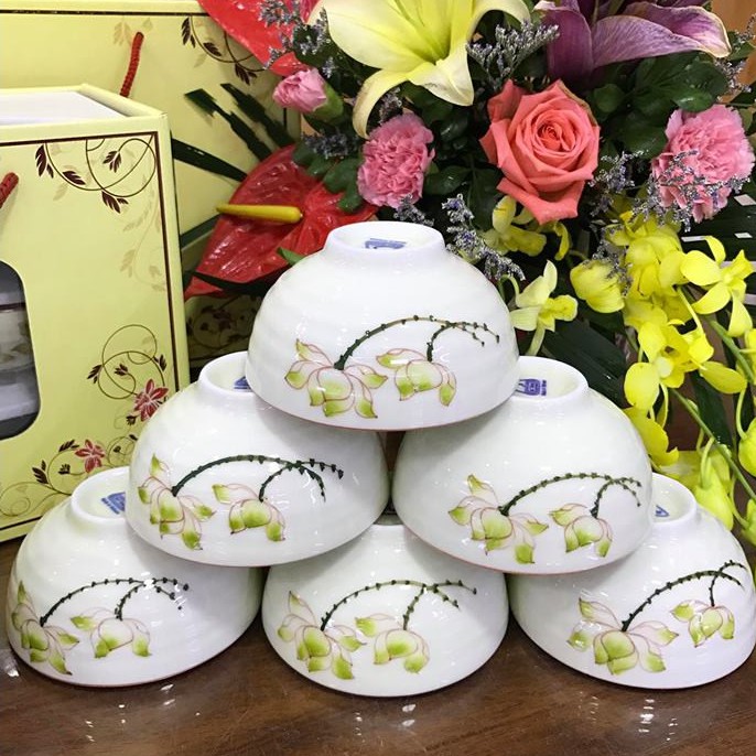Bộ 6 bát cơm men kem vẽ sen xanh, CHUẨN BÁT TRÀNG | có thể cho vào lò vi sóng, máy rửa bát