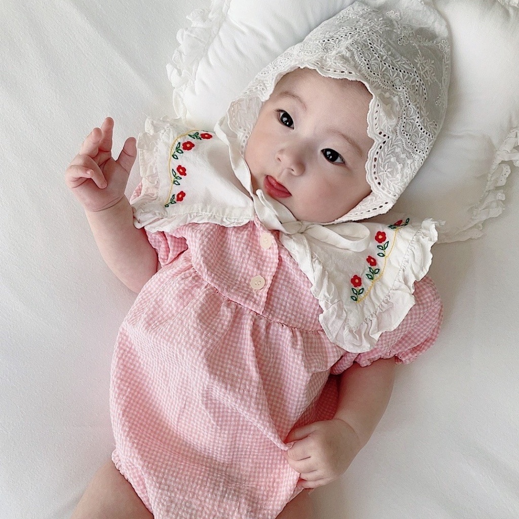 Áo Liền Quần Ngắn Tay Thêu Hoa Dễ Thương Cho Bé Gái Sơ Sinh