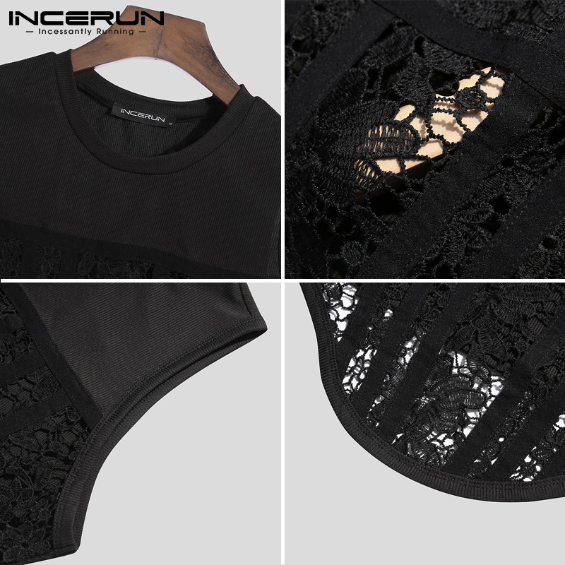 Áo ba lỗ INCERUN cổ tròn phối ren không tay thoáng mát sành điệu cho nam