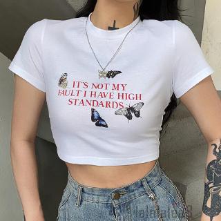 YH Áo Croptop Cổ Tròn Hoạ Tiết Bướm Thời Trang Mùa Hè Cho Nữ
