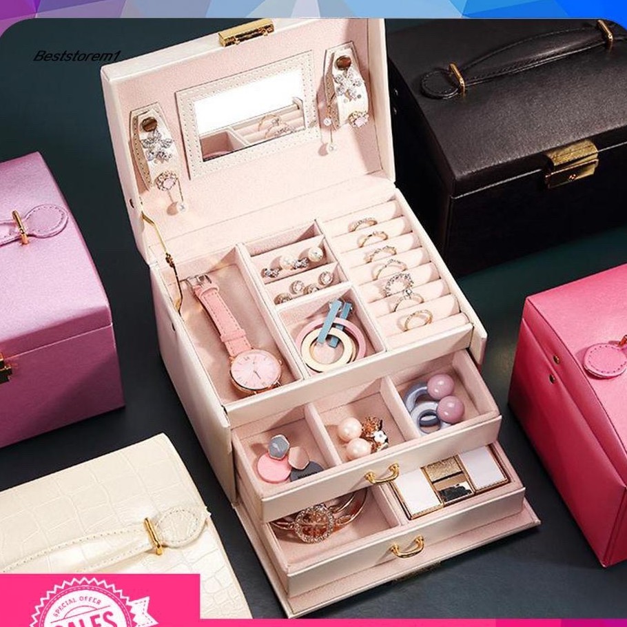 Hộp Đựng Trang Sức Cao Cấp Bọc Da PU 3 tầng Có Khóa chống trộm (size 26.5*18*6.5cm)