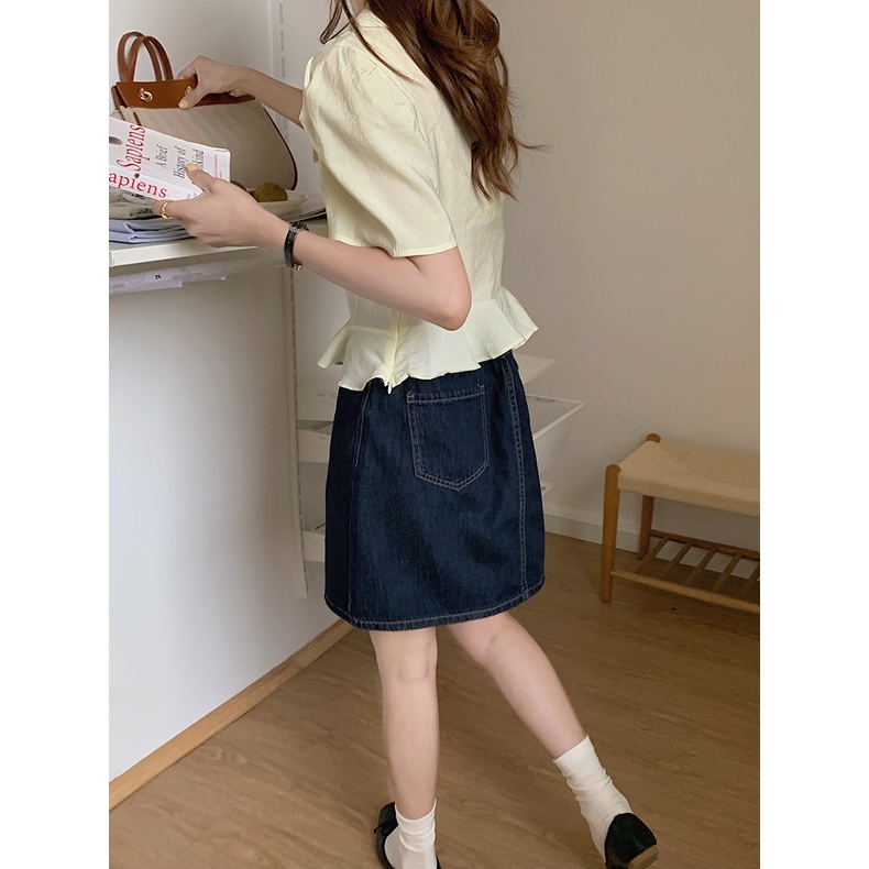 SUXI Áo Sơ Mi Tay Phồng Ngắn Cổ Búp Bê Phối Bèo Kiểu Pháp Dễ Thương