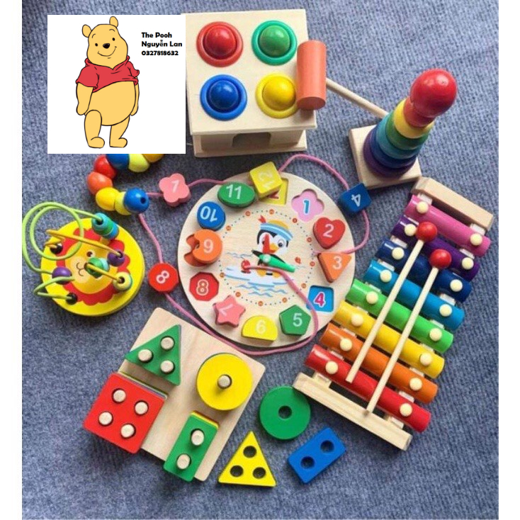 Đồ chơi gỗ thông minh cho bé, combo 7 đồ chơi gỗ phát triển trí tuệ 6 - 7 món cho bé từ 1 - 4 tuổi