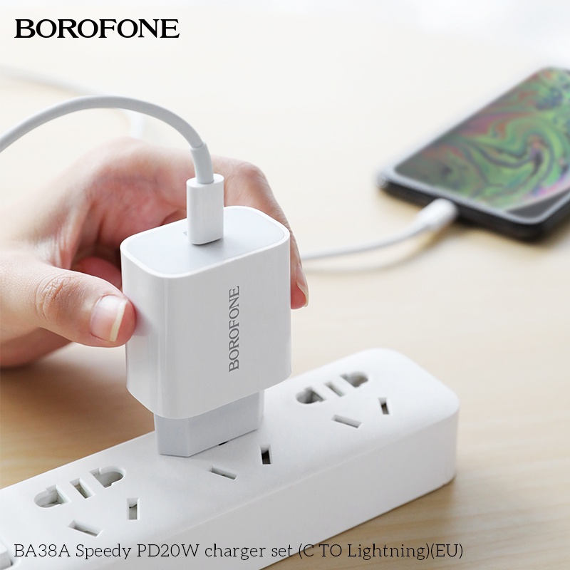 Bộ sạc nhanh PD20W BOROFONE BA38A Plus cổng USB-C, QC3.0 kèm cáp Type-C ra IP dài 1m - Chính hãng