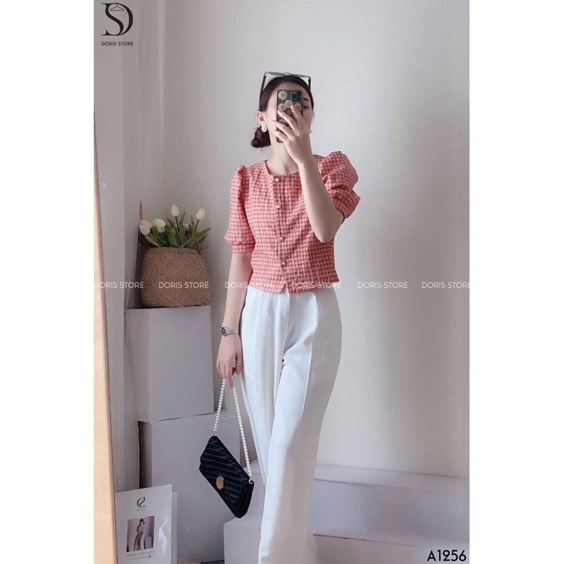 [Mã SKAMA06 giảm 8% tối đa 50K đơn 250K] ANU313 - ÁO SƠ MI NỮ CROPTOP KẺ CARO ĐỎ CÚC NGỌC