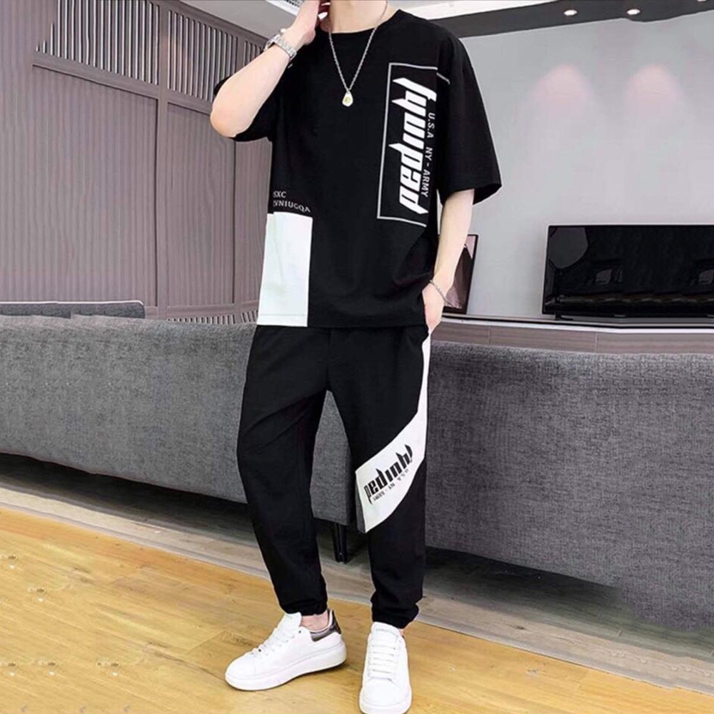 Bộ Quần Áo Thun Nam Thể Thao Mùa Hè Ngắn Tay Tunnel Kết Hợp Quần Jogger Dài Bo Gấu SET NAM 9000018