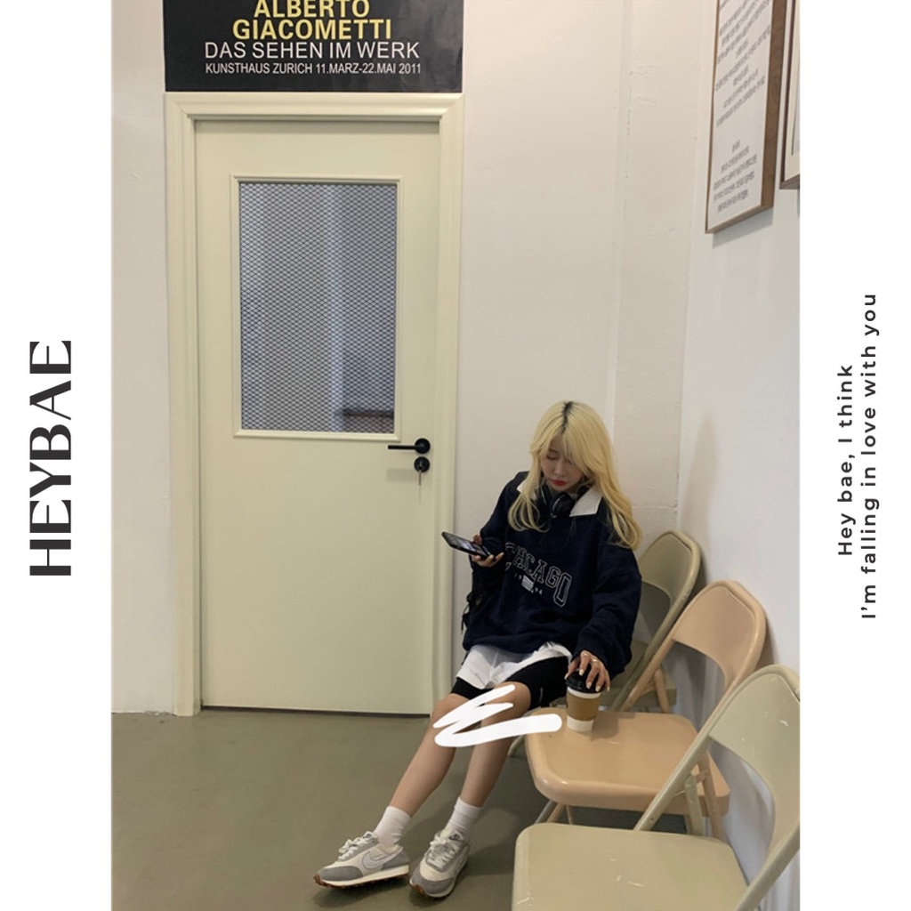 Áo sweater nỉ chui đầu oversize Chicago HEYBAE cổ bẻ khoá kéo dài tay dáng rộng vintage màu navy cho nữ AK004 | BigBuy360 - bigbuy360.vn