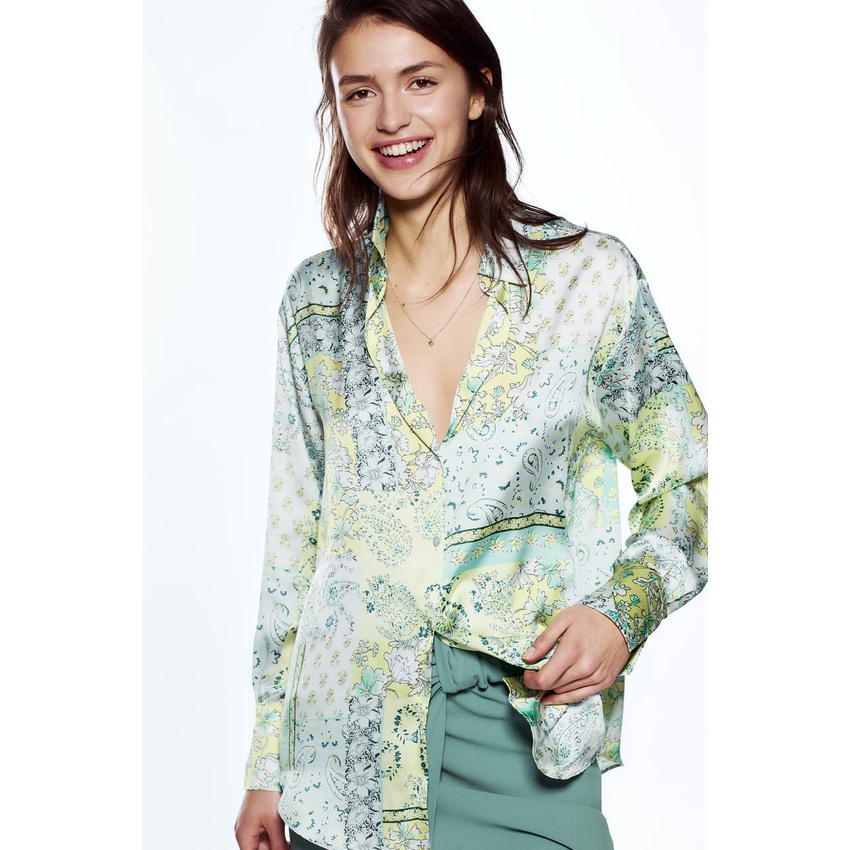 Zara Morocco full tag - Áo Zara sơ mi lụa xanh mát AH01SMLG41N10