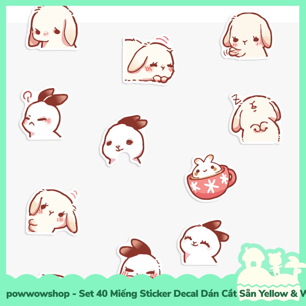 [Sẵn VN - Hỏa Tốc] Set 40 Miếng Sticker Decal Cắt Sẵn DIY Dán Trang Trí Vật Dụng Mẫu Yellow &amp; White Rabbit Cute Momment