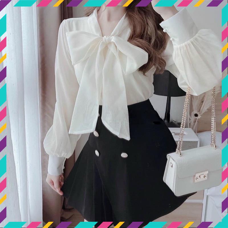 Áo sơ mi tay bồng cổ nơ khuy ngọc 2 lớp mặc đi chơi, đi làm cực xinh_350 MSP11639 | BigBuy360 - bigbuy360.vn