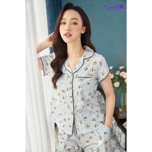 Bộ đồ ngủ pijama lụa nữ Jcvcoll - Karoll NH21.164.01 Pijama bánh sinh nhật lụa mềm tay ngắn quần lửng
