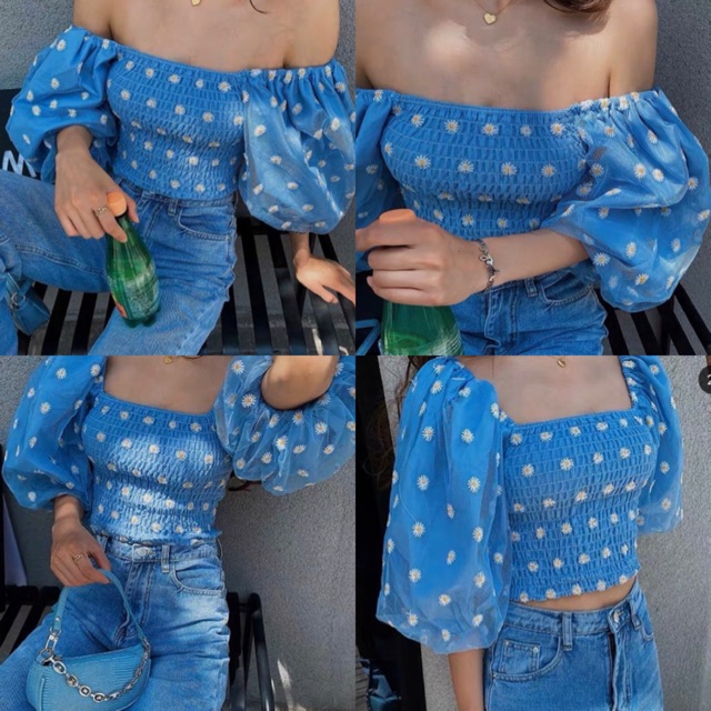 Áo Kiểu Trễ Vai Belis Croptop hoạ tiết hoa cúc hoạ mi from chuẩn bo chun co giãn - tay áo phồng mix chất voan lưới