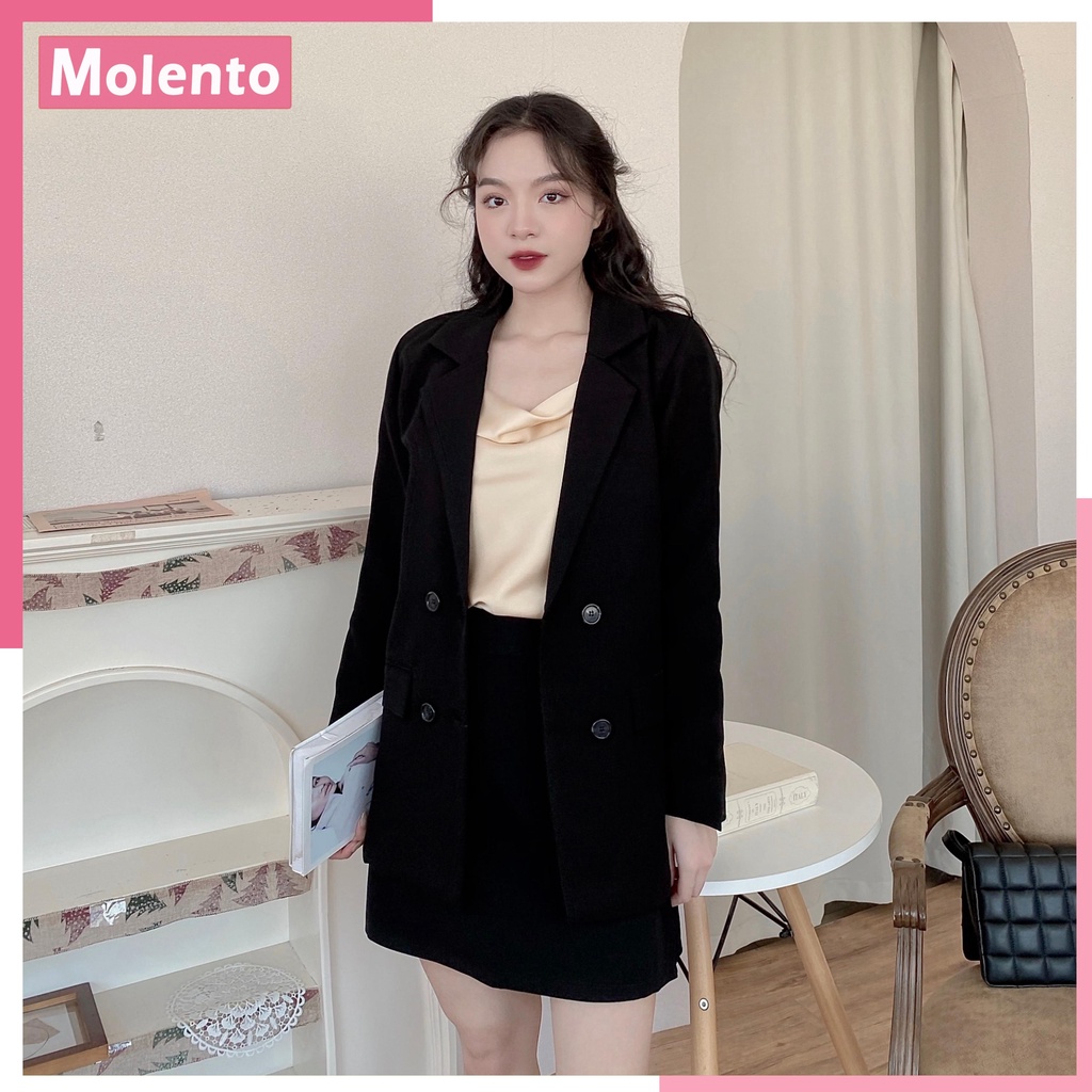 Áo Blazer Nữ Áo Vest Khoác Ngoài 2 Lớp Dài Tay Túi Nắp Dáng Rộng Phong Cách Hàn Quốc Màu Nâu Tây Be Đen Xanh MOLENTO M77