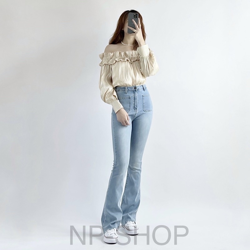 Quần jean ống loe lưng cao kiểu túi vuông NP shop ⚡️ Quần bò nữ ống loe dáng dài sang chảnh