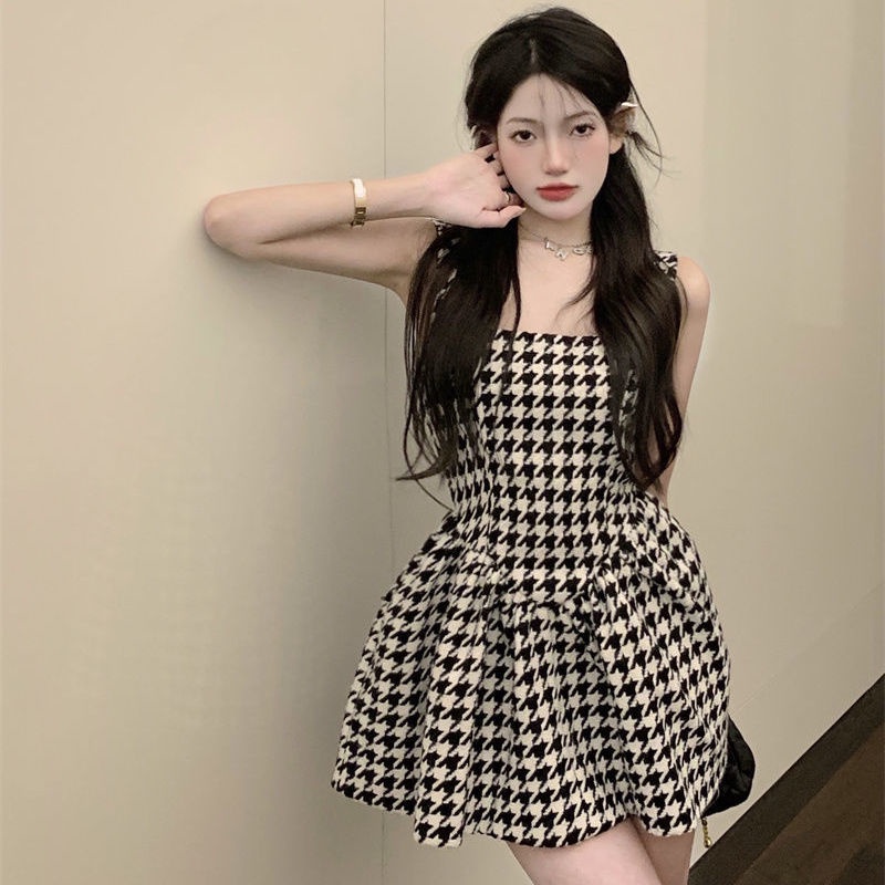 Summer 2022 new pure sexy spice girl sexy thousand grid bird suspender dress feminine waist puffy skirt