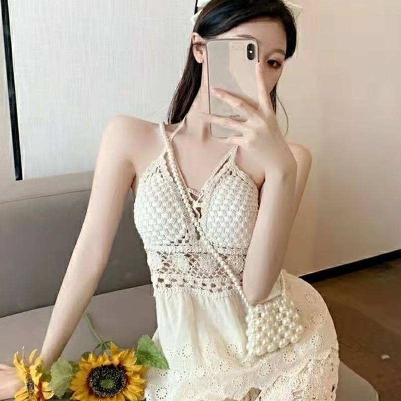 Áo Lưới Đan Móc Hình Hoa Hai Dây Quyến Rũ Cho Nữ