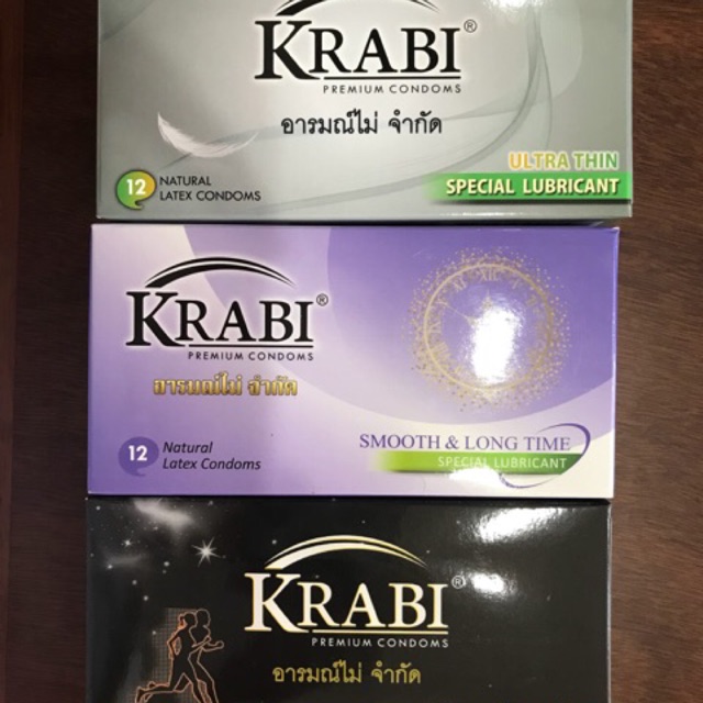 Bao cao su Krabi Thái Lan các loại Siêu mỏng, Gân gai, Kéo dài thời gian Hộp 12cái