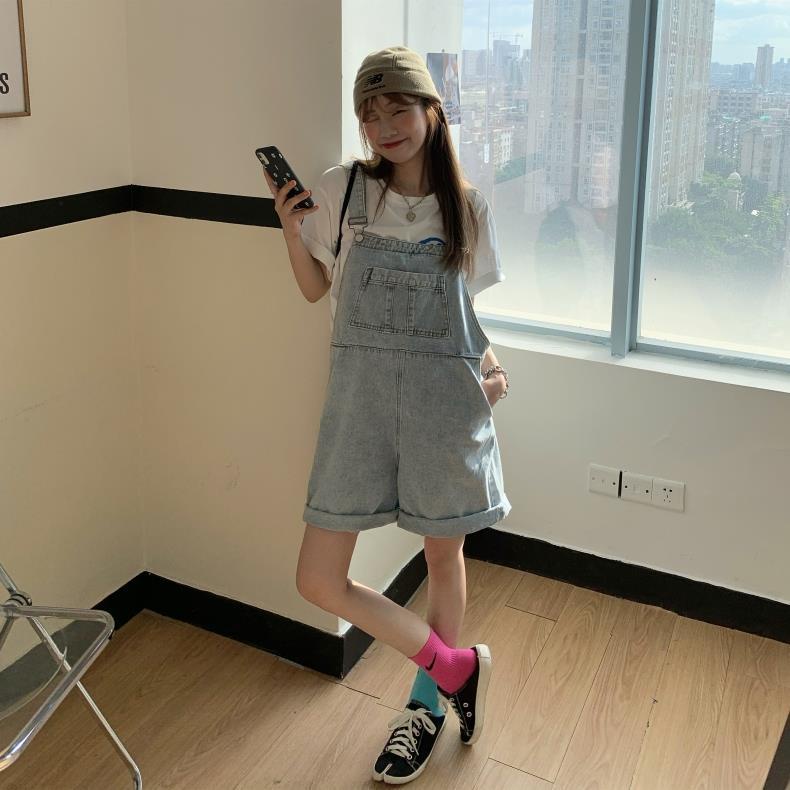 Quần Yếm Denim Ngắn Dáng Rộng Phong Cách Retro Nhật Bản Ngọt Ngào Cho Nữ