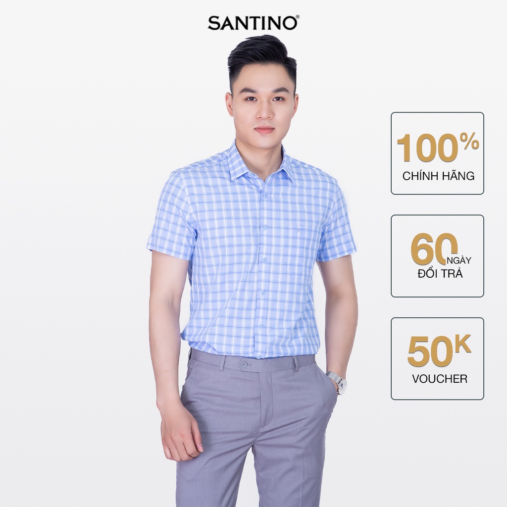 Áo sơ mi ngắn tay nam Sợi Tre SANTINO xanh kẻ caro, form ôm nhẹ trẻ trung lịch lãm, không kích ứng da, kháng khuẩn -S619