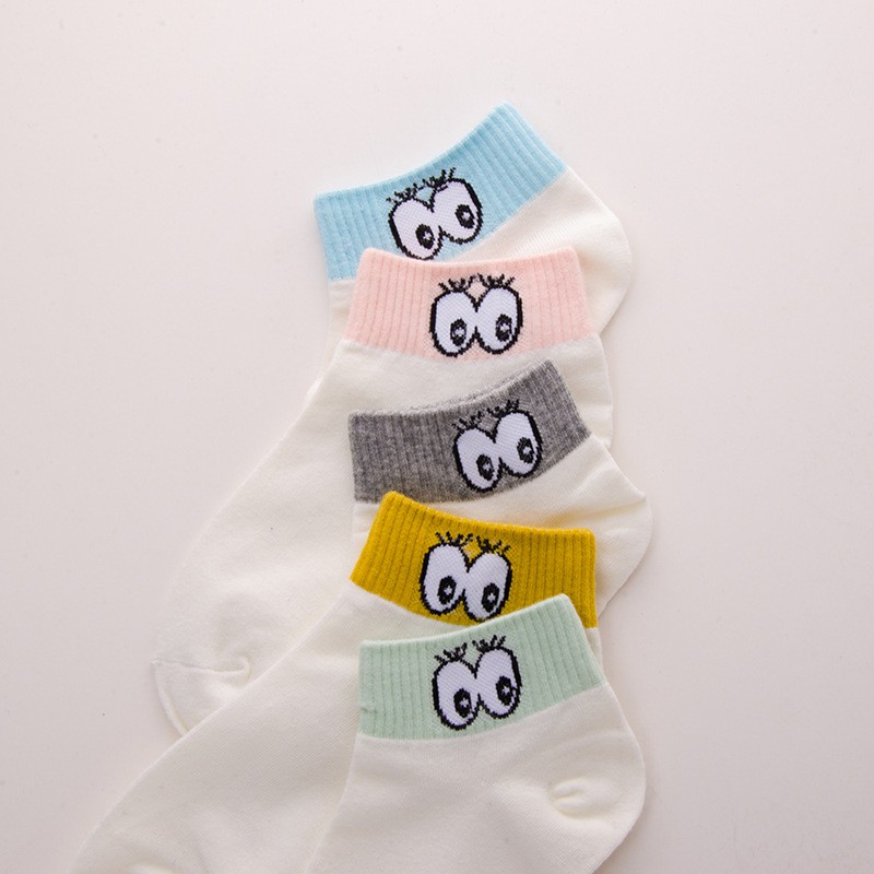 Tất nữ cổ ngắn viền màu hình đôi mắt chất cotton thấm hút tốt - T06