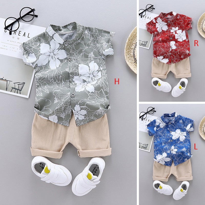 Set Áo Thun Ngắn Tay Cổ Tròn+Quần Short In Hoa Thời Trang Cho Bé Trai