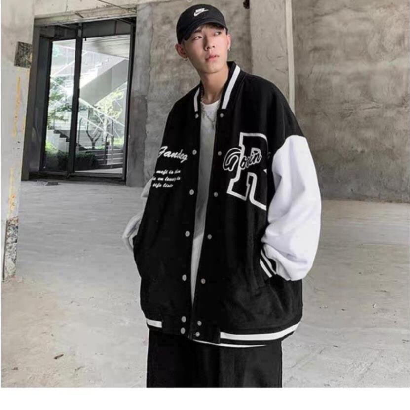 Áo khoác gió Bomber in chữ R trắng phong cách Hàn Quốc form rộng unisex